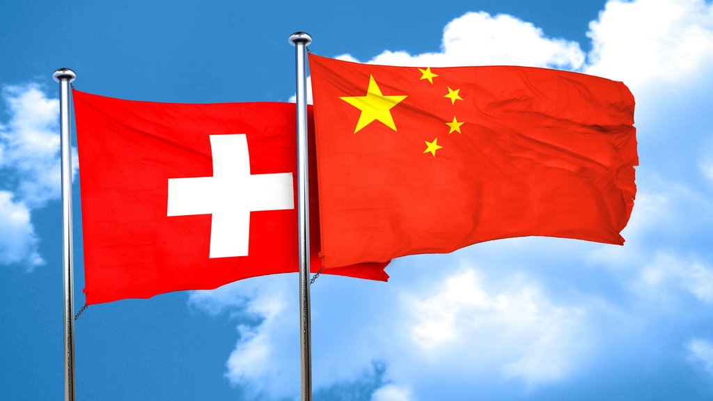 switzerland flag with China flag, 3D rendering