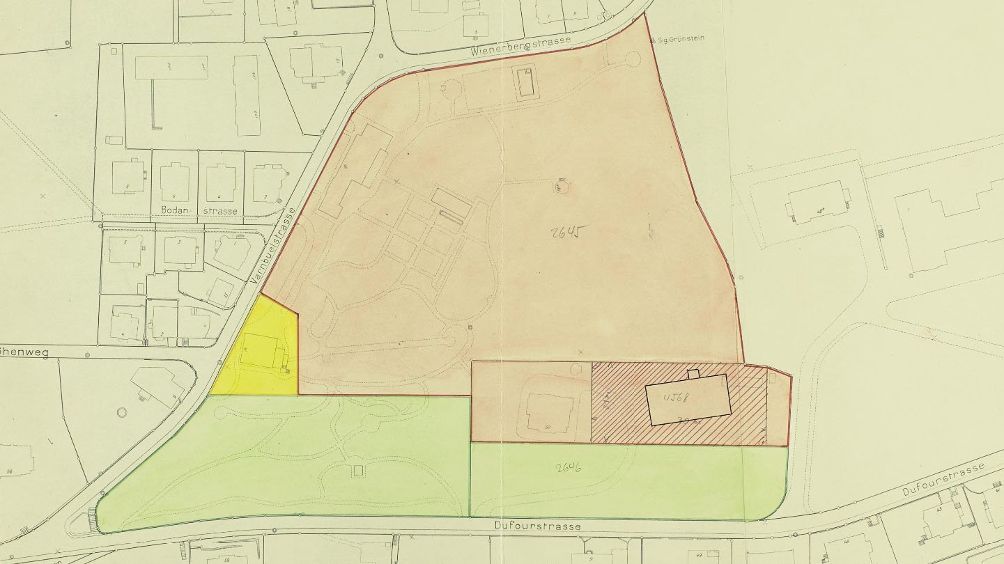 Situationsplan. Kirchhoferhaus, Gartenanlage und HSG-Neubau farbig eingezeichnet, 1959.