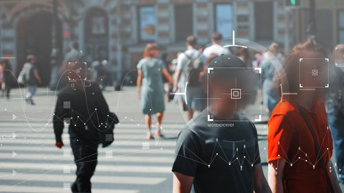 Face recognition and personal identification technologies in street surveillance cameras, law enforcement control.