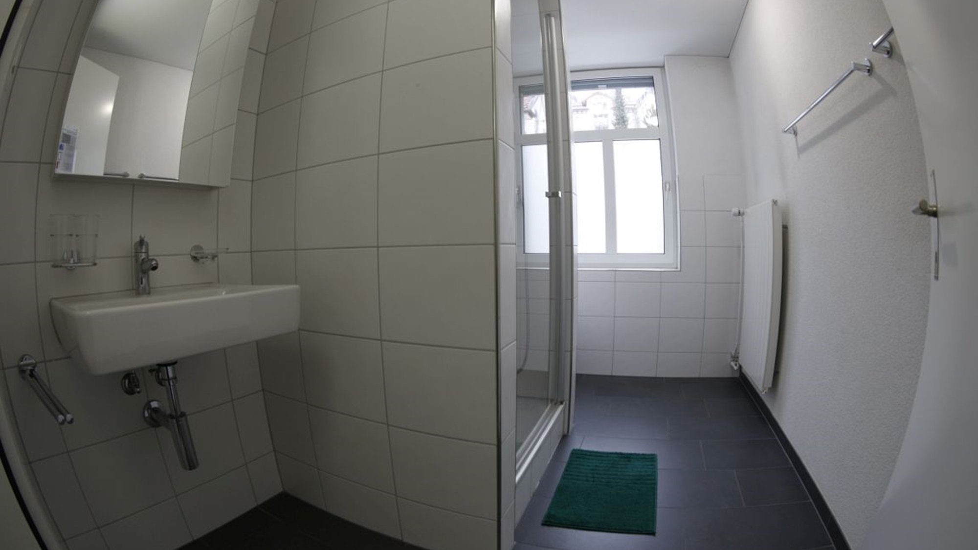 Bathroom with a shower (wide angle)