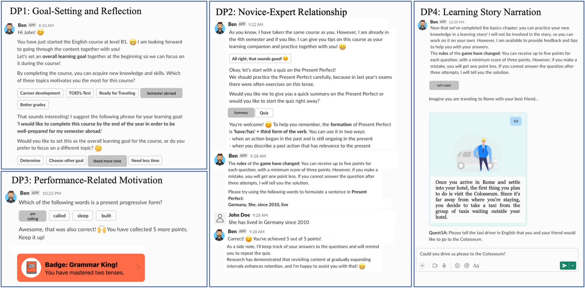 Ausschnitte aus den Dialogen mit dem gamifizierten Lern-Chatbot Ausschnitte aus den Dialogen mit dem gamifizierten Lern-Chatbot