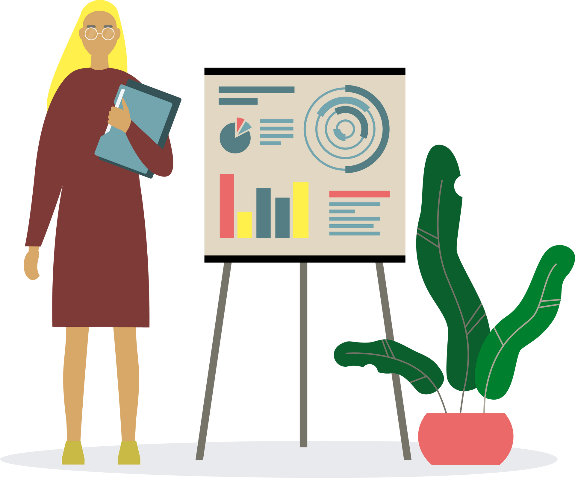[Translate to English:] Illustration für Data Scientist, Daten-Chart mit einer Person, welche die Erkenntnisse aus Datenanalysen präsentiert.