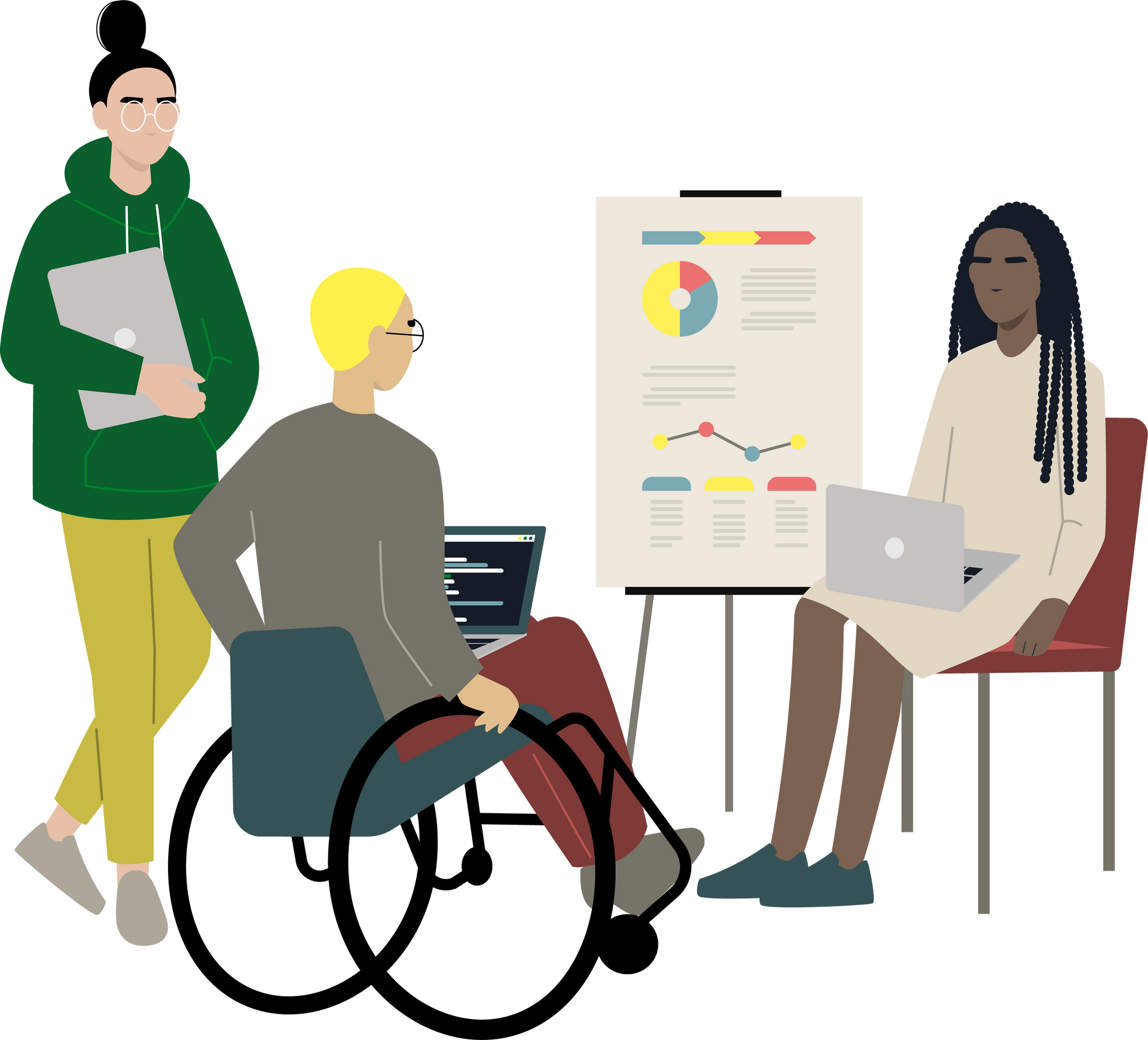 [Translate to English:] Illustration für Unternehmensberatung; Personen besprechen Datenanalyse.