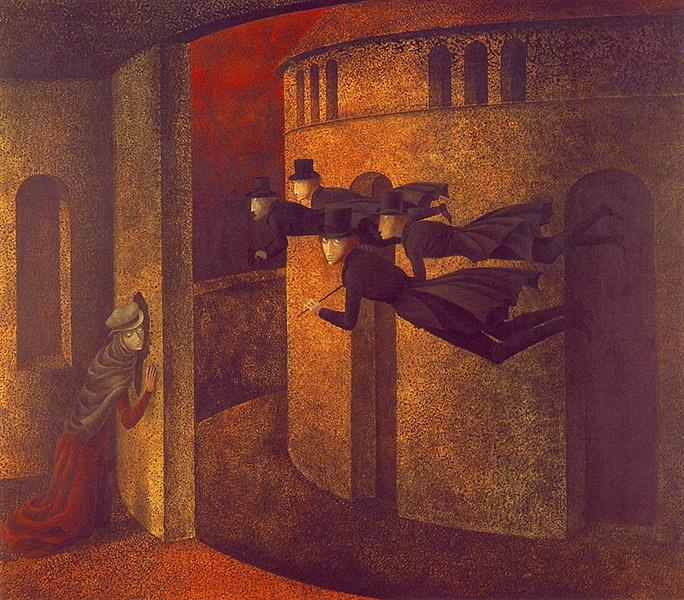 Painting by Remedios Varo, "Banqueros en acción" ("Bankers in action"), 1962.